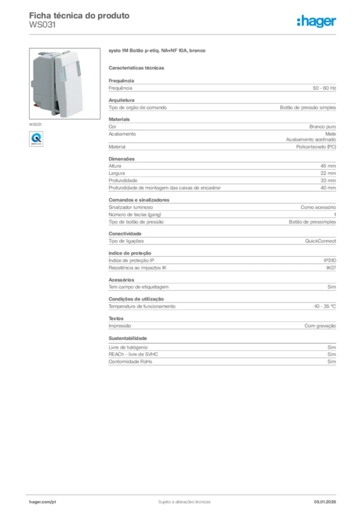 Imagem Hager Ficha técnica do produto WS031 | Hager Portugal