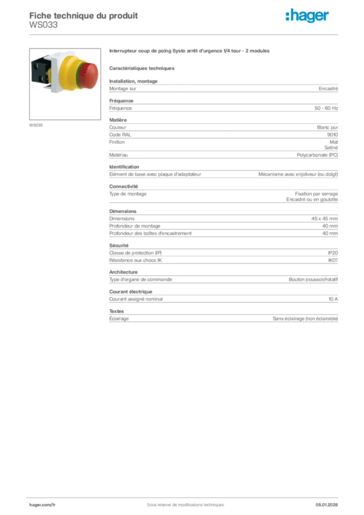 Image Hager Fiche technique du produit WS033 | Hager France