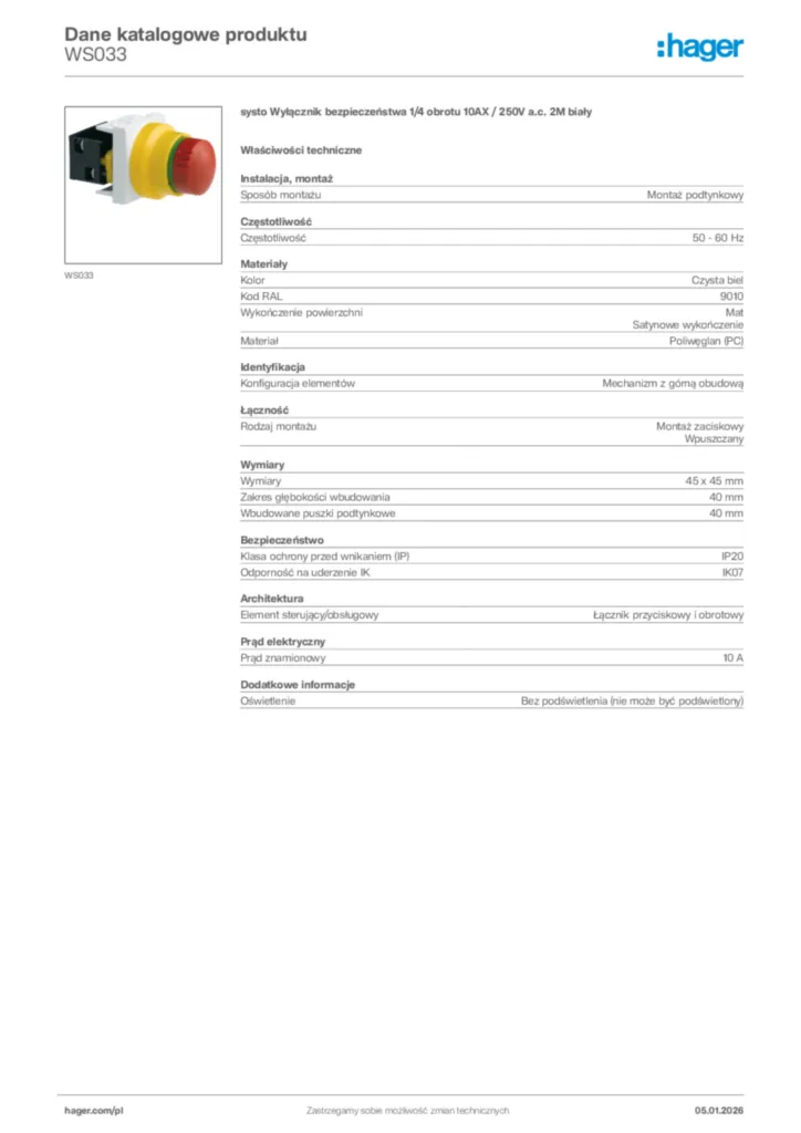 Zdjęcie Hager Karta katalogowa WS033 | Hager Polska