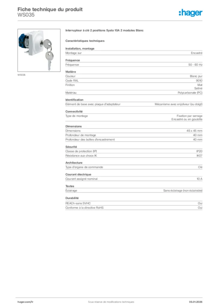 Image Hager Fiche technique du produit WS035 | Hager France