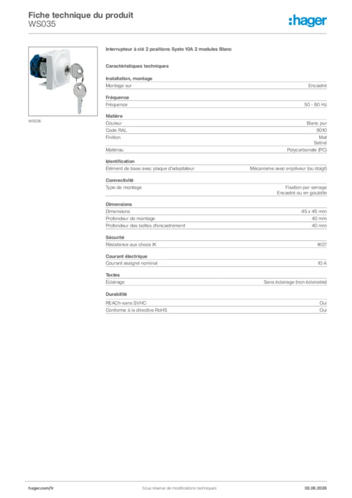 Image Hager Fiche technique du produit WS035 | Hager France