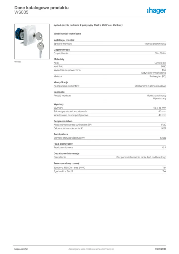 Zdjęcie Hager Karta katalogowa WS035 | Hager Polska