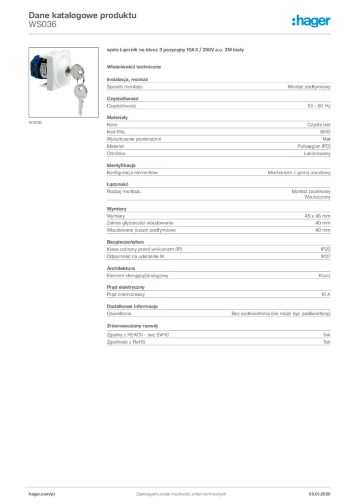 Zdjęcie Hager Karta katalogowa WS036 | Hager Polska