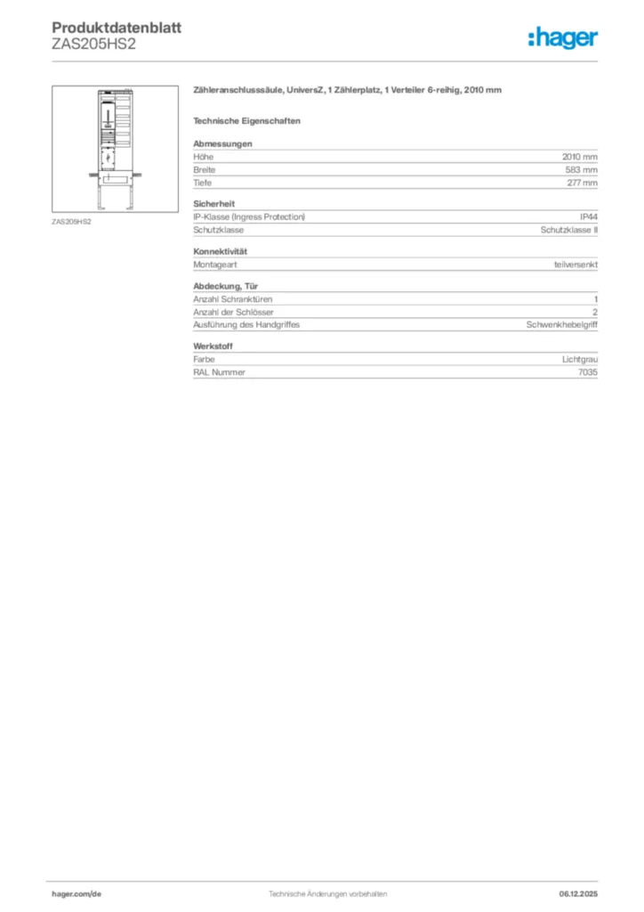 Bild Hager Produktdatenblatt ZAS205HS2 | Hager Deutschland