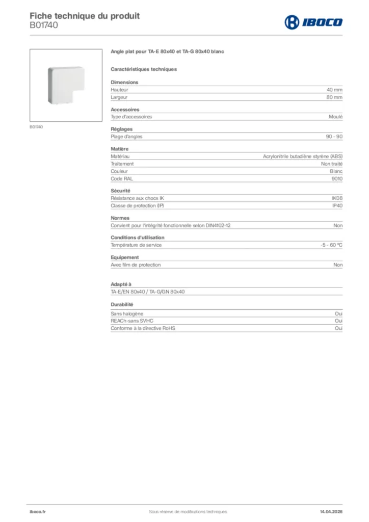 Image Iboco Fiche technique du produit B01740 | Hager France