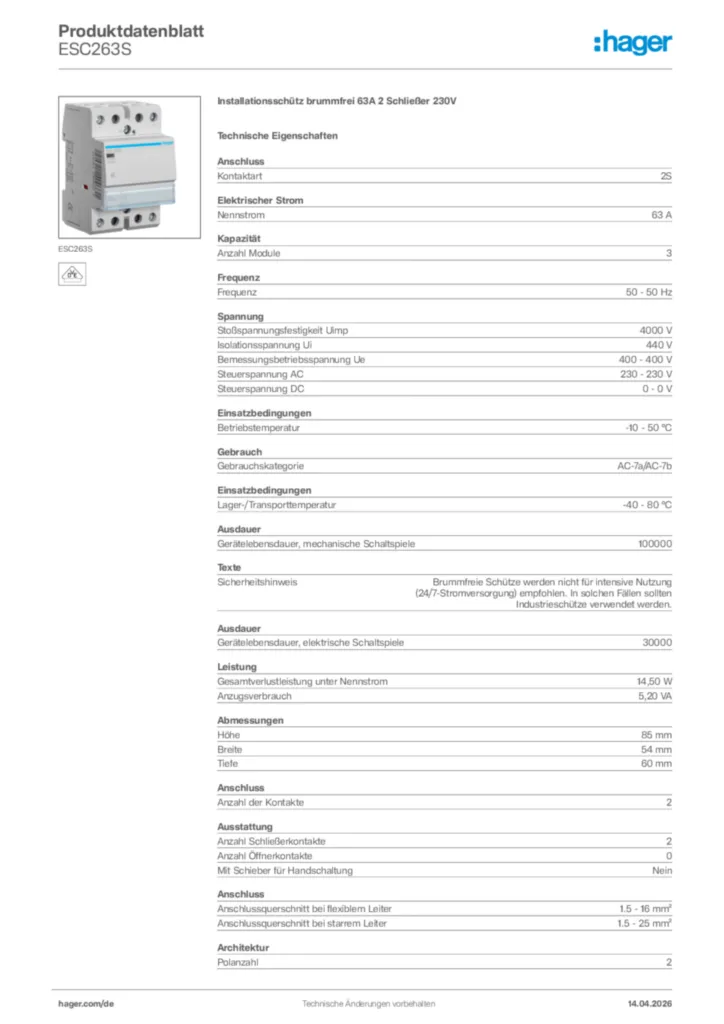 Bild Hager Produktdatenblatt ESC263S | Hager Deutschland