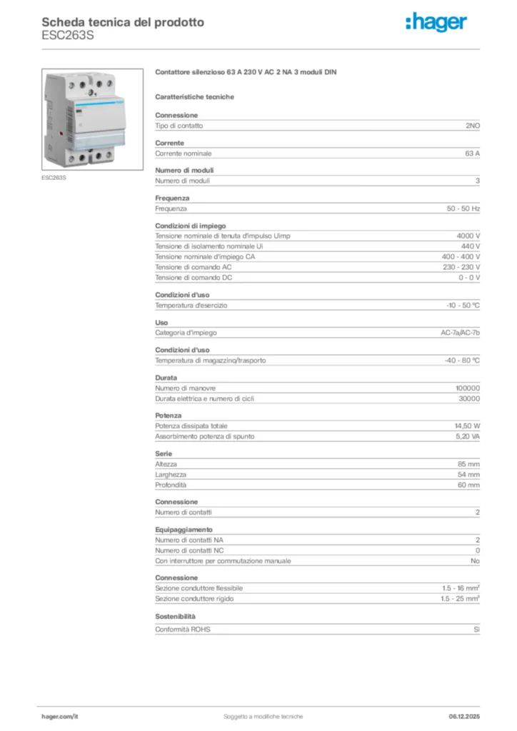Immagine Hager Scheda tecnica del prodotto ESC263S | Hager Italia