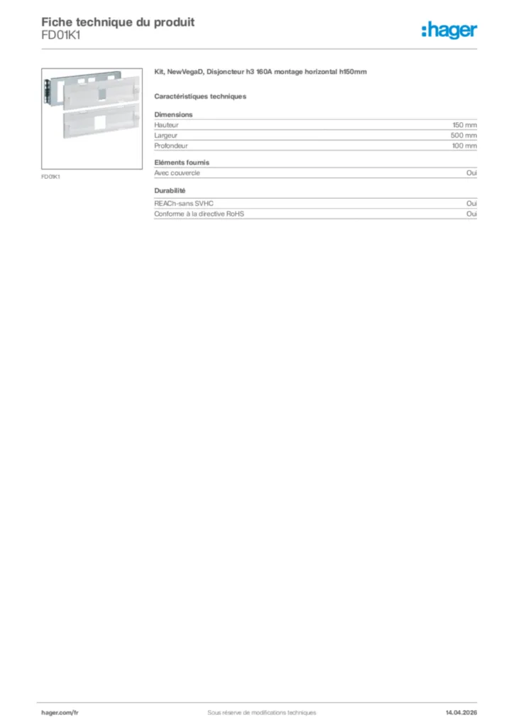 Image Hager Fiche technique du produit FD01K1 | Hager France