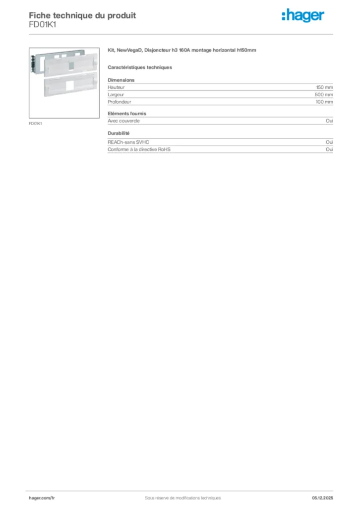 Image Hager Fiche technique du produit FD01K1 | Hager France