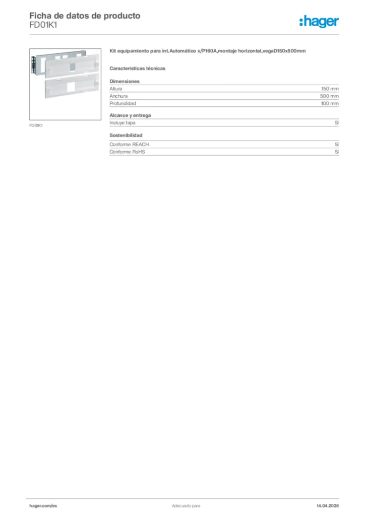 Imagen Hager Ficha de datos de producto FD01K1 | Hager España