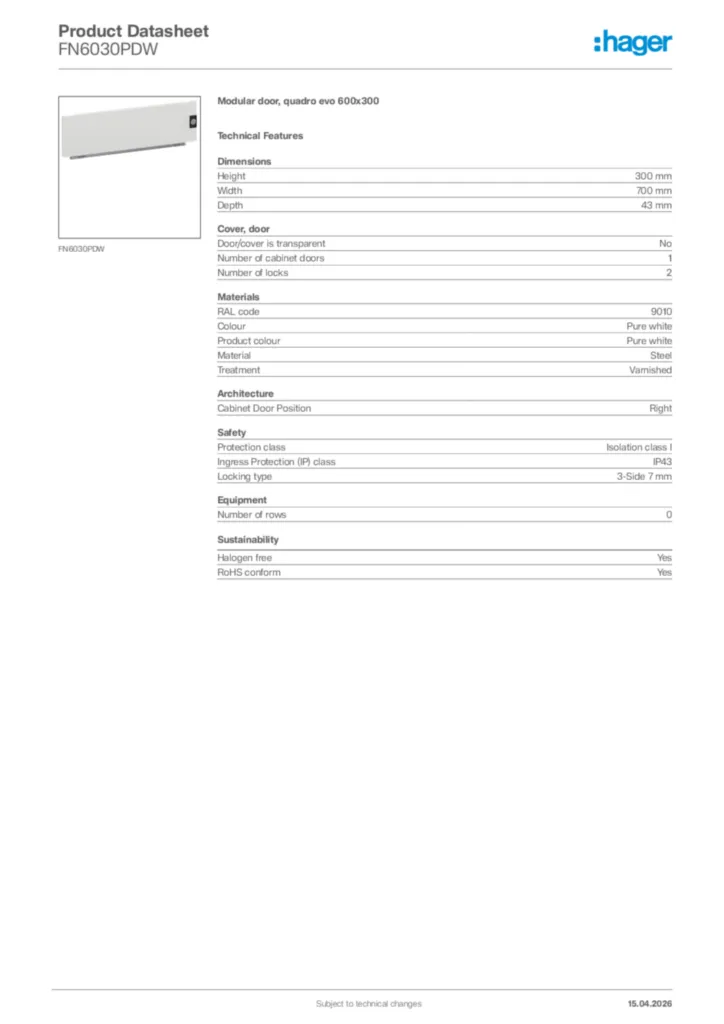 Image Hager Product data sheet FN6030PDW  | Hager Africa