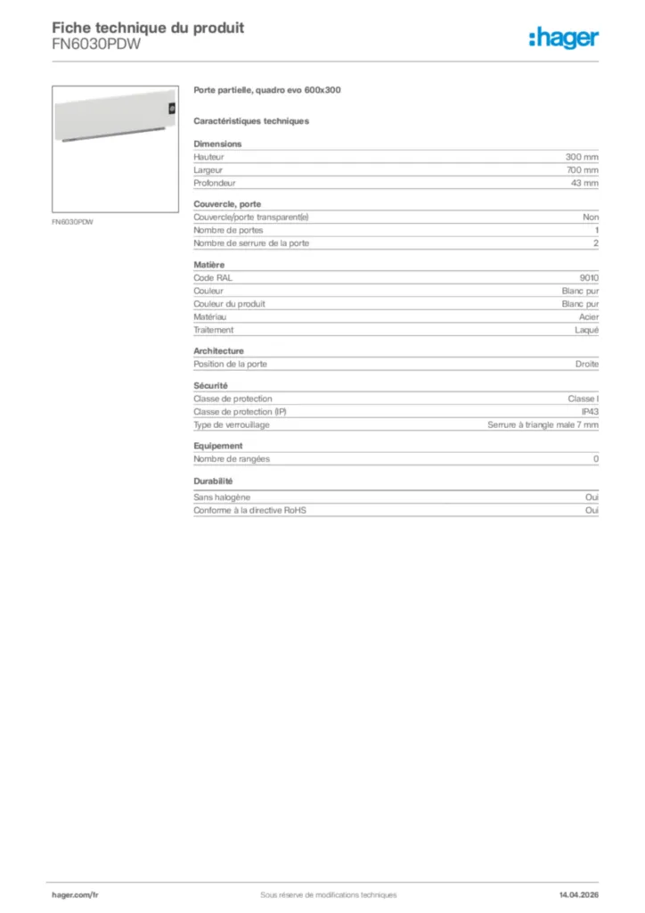 Image Hager Fiche technique du produit FN6030PDW | Hager France