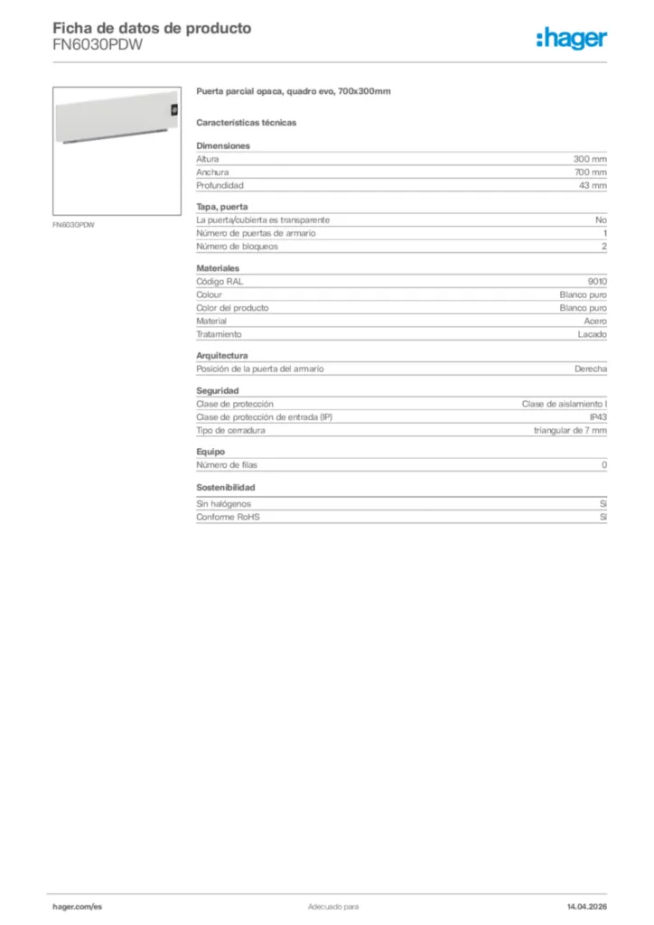 Imagen Hager Ficha de datos de producto FN6030PDW | Hager España