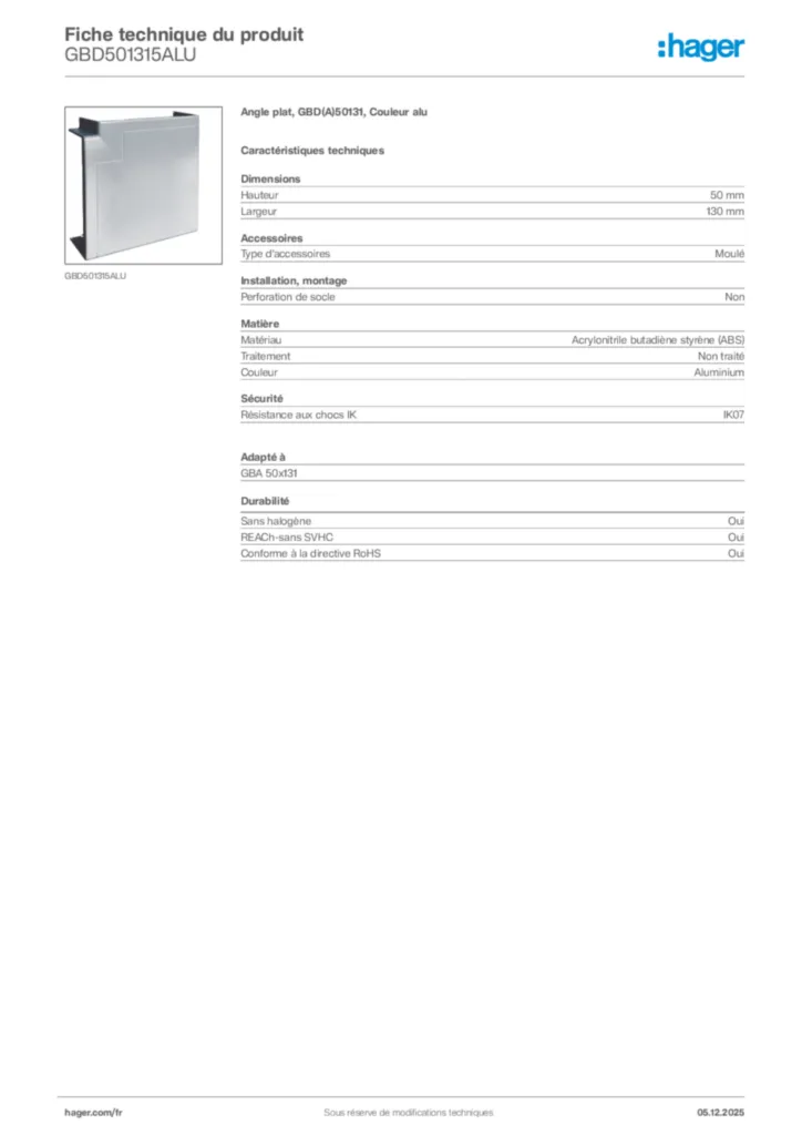 Image Hager Fiche technique du produit GBD501315ALU | Hager France