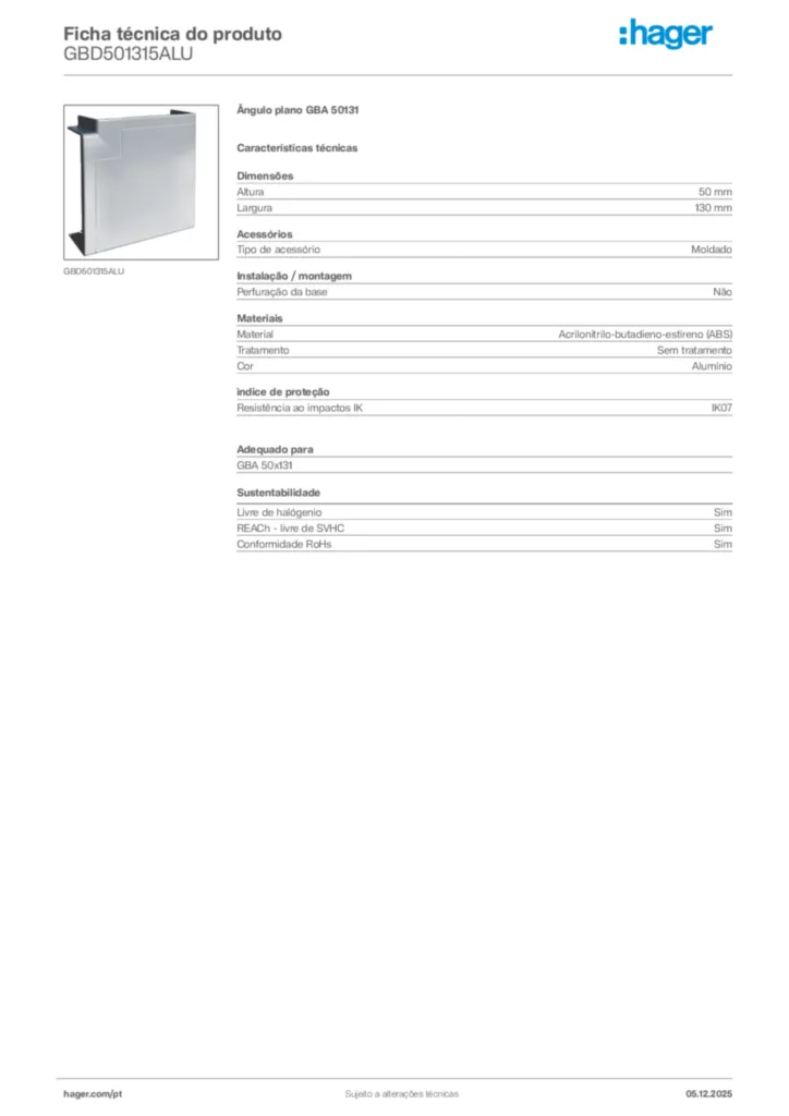 Imagem Hager Ficha técnica do produto GBD501315ALU | Hager Portugal