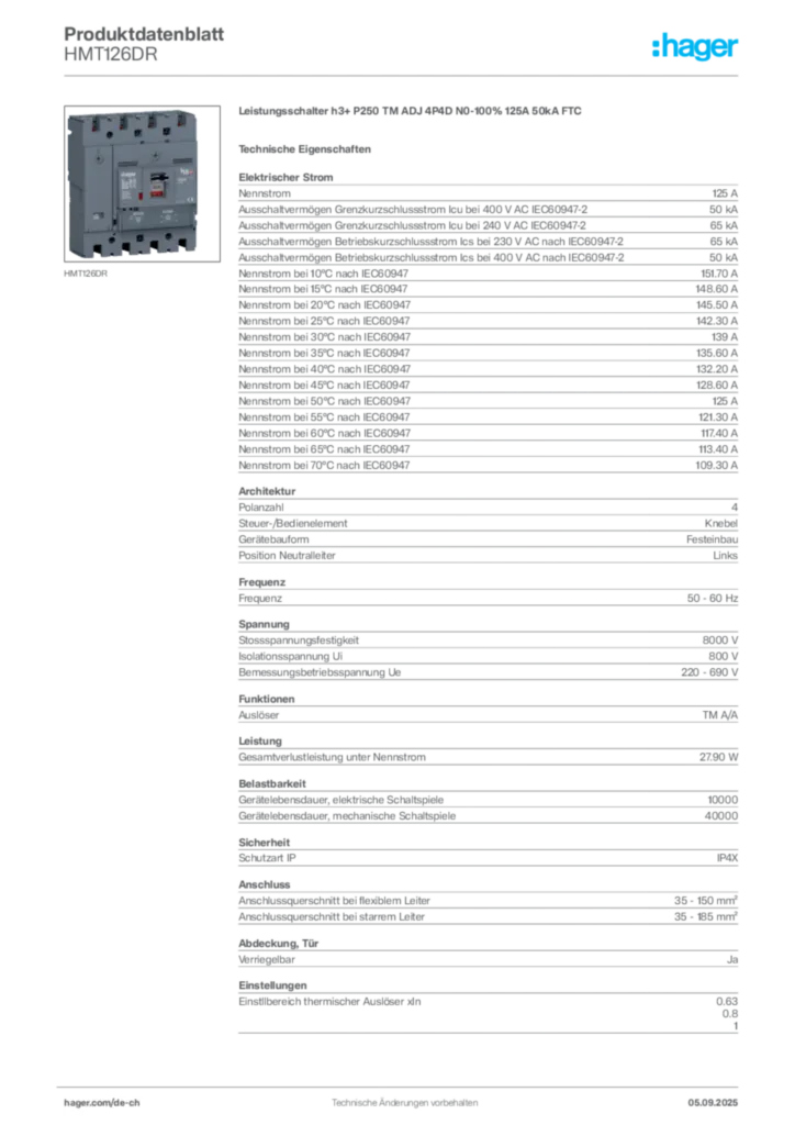 Bild Hager Produktdatenblatt HMT126DR | Hager Schweiz