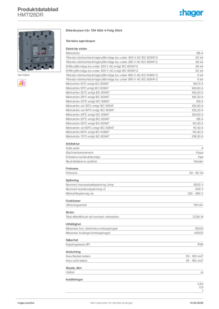 Bild Hager Produktdatablad HMT126DR | Hager Sverige