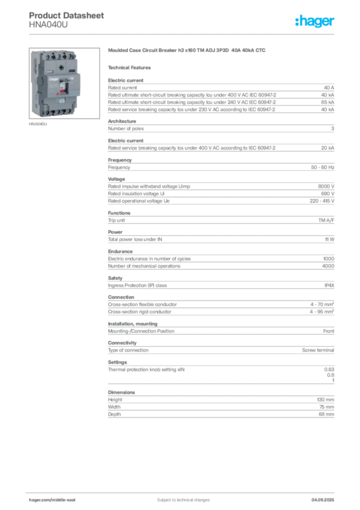 Image Hager Product data sheet HNA040U  | Hager