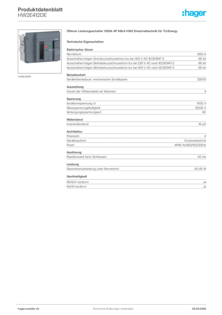 Bild Hager Produktdatenblatt HW2E412DE | Hager Schweiz
