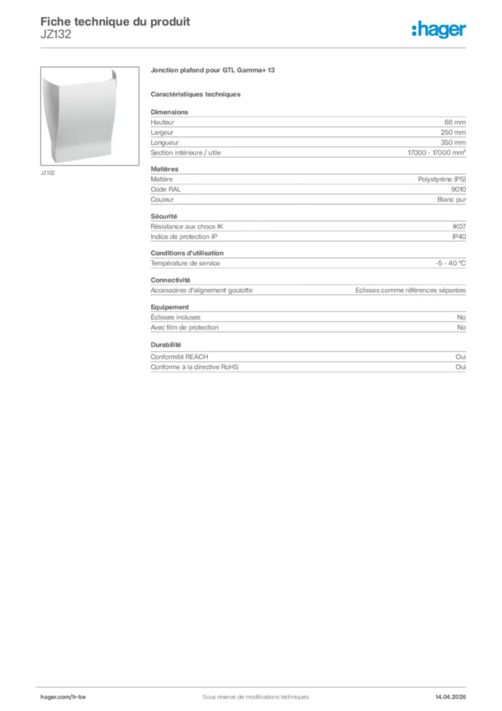Image Hager Fiche technique du produit JZ132 | Hager Belgique