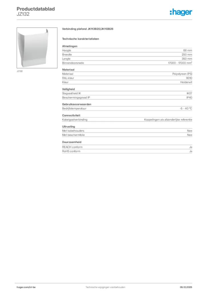 Afbeelding Hager Productdatablad JZ132 | Hager Belgium