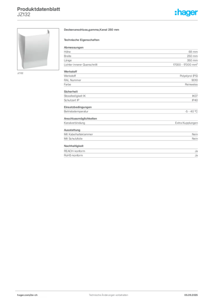 Bild Hager Produktdatenblatt JZ132 | Hager Schweiz