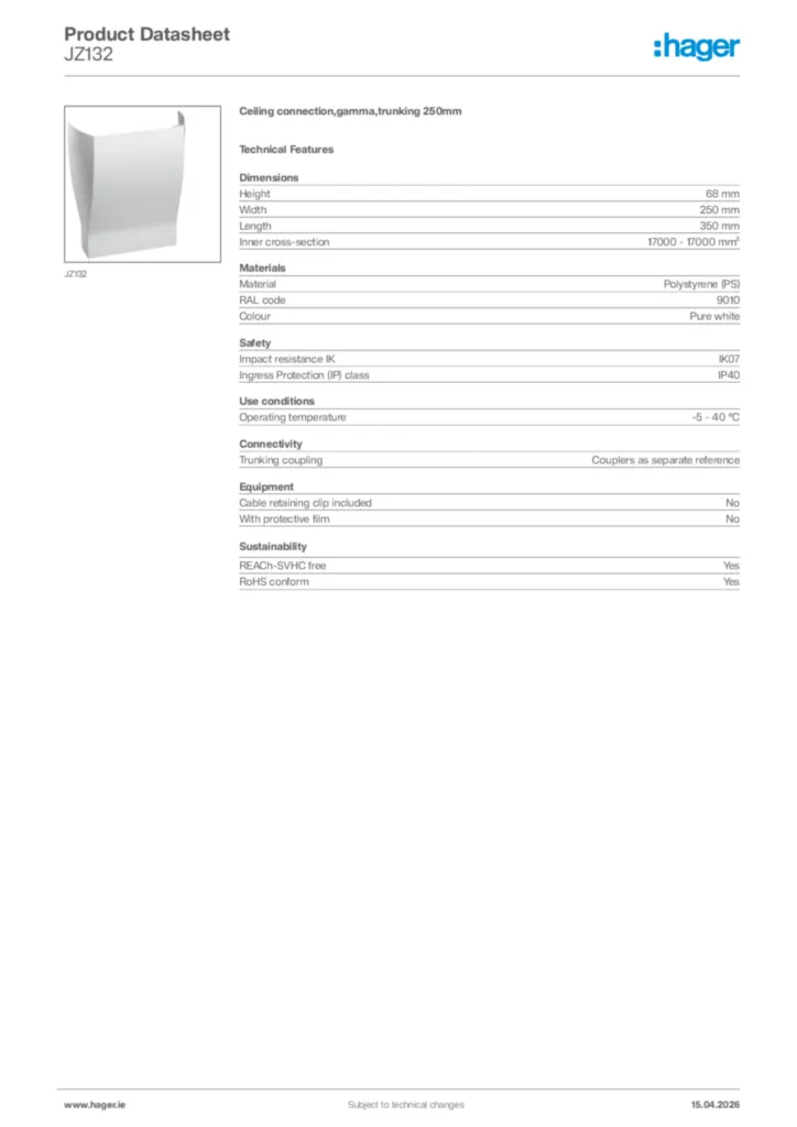 Image Hager Product data sheet JZ132  | Hager
