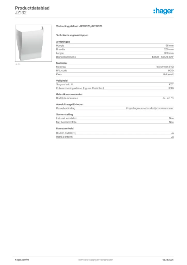 Afbeelding Hager Productdatablad JZ132 | Hager Nederland