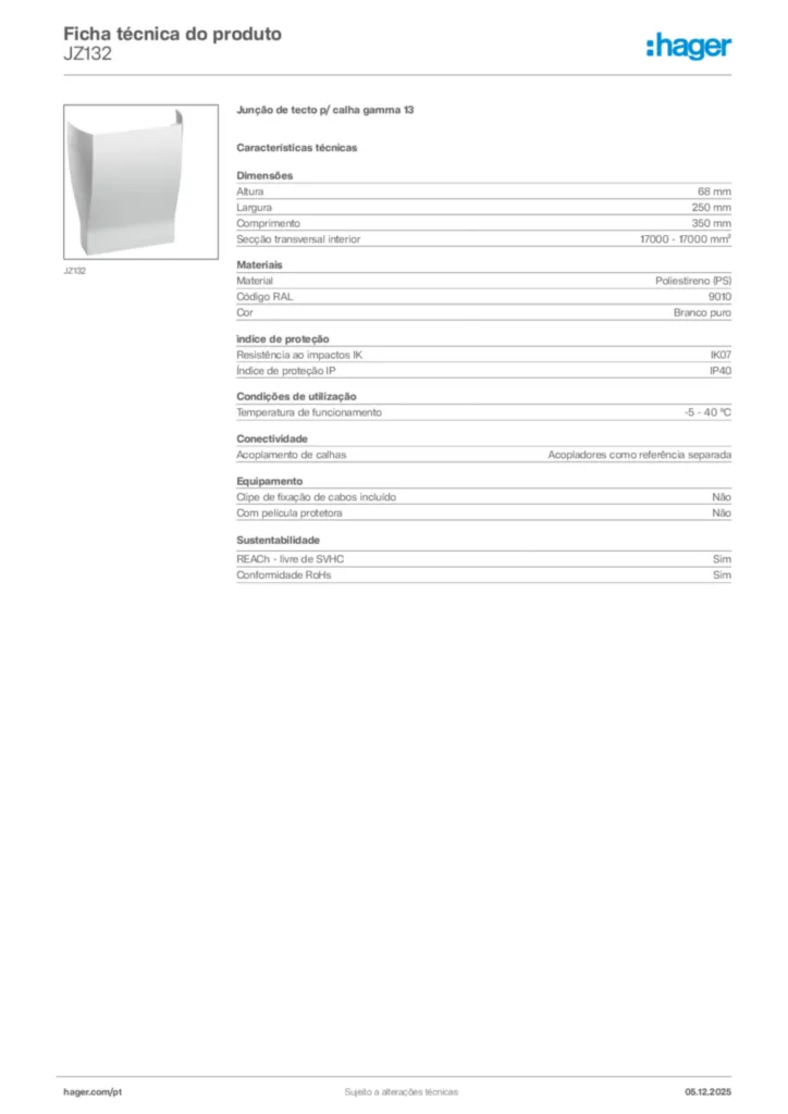 Imagem Hager Ficha técnica do produto JZ132 | Hager Portugal