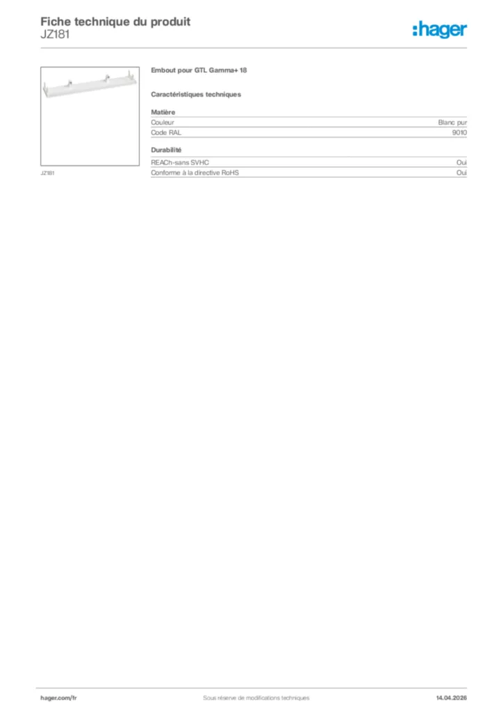 Image Hager Fiche technique du produit JZ181 | Hager France