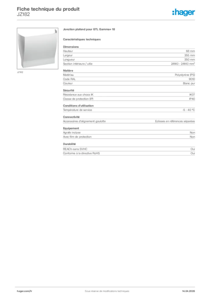 Image Hager Fiche technique du produit JZ182 | Hager France