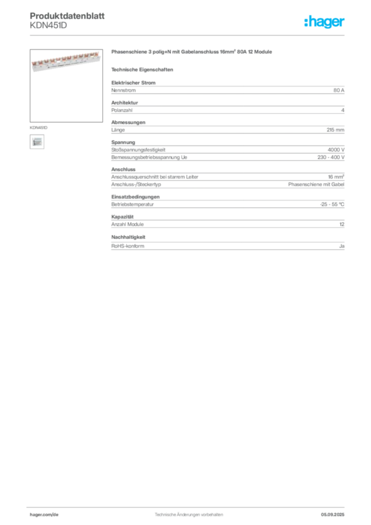 Bild Hager Produktdatenblatt KDN451D | Hager Deutschland