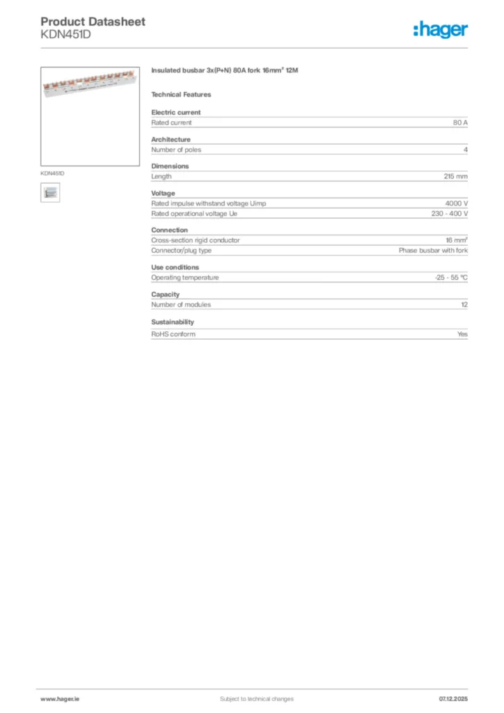 Image Hager Product data sheet KDN451D  | Hager