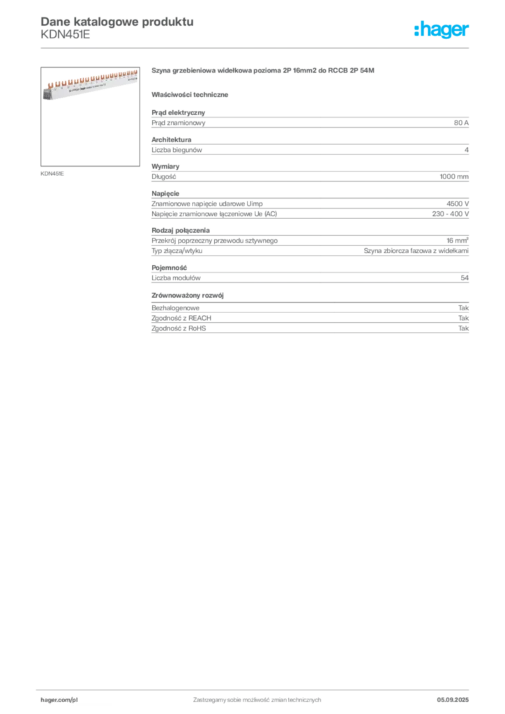 Zdjęcie Hager Dane katalogowe produktu KDN451E | Hager Polska
