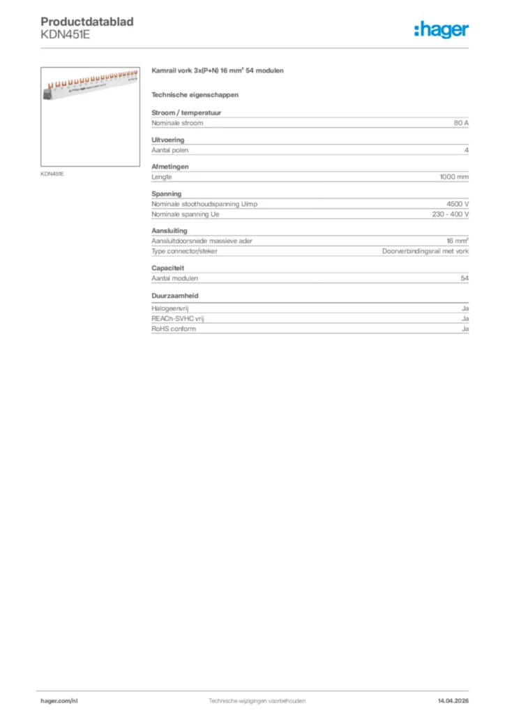 Afbeelding Hager Productdatablad KDN451E | Hager Nederland