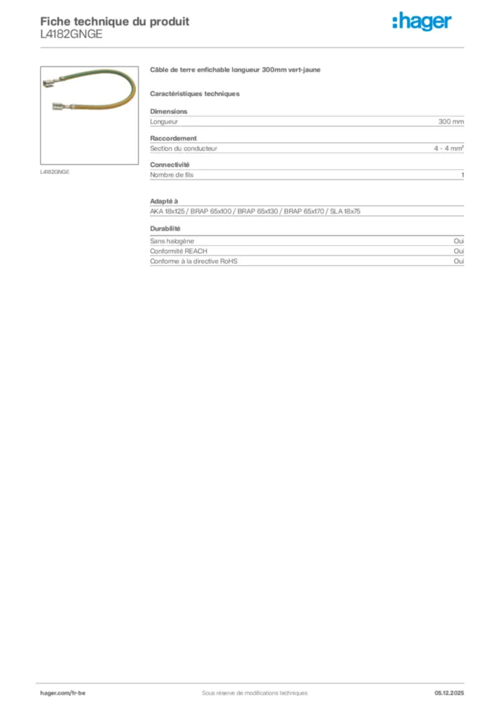 Image Hager Fiche technique du produit L4182GNGE | Hager Belgique