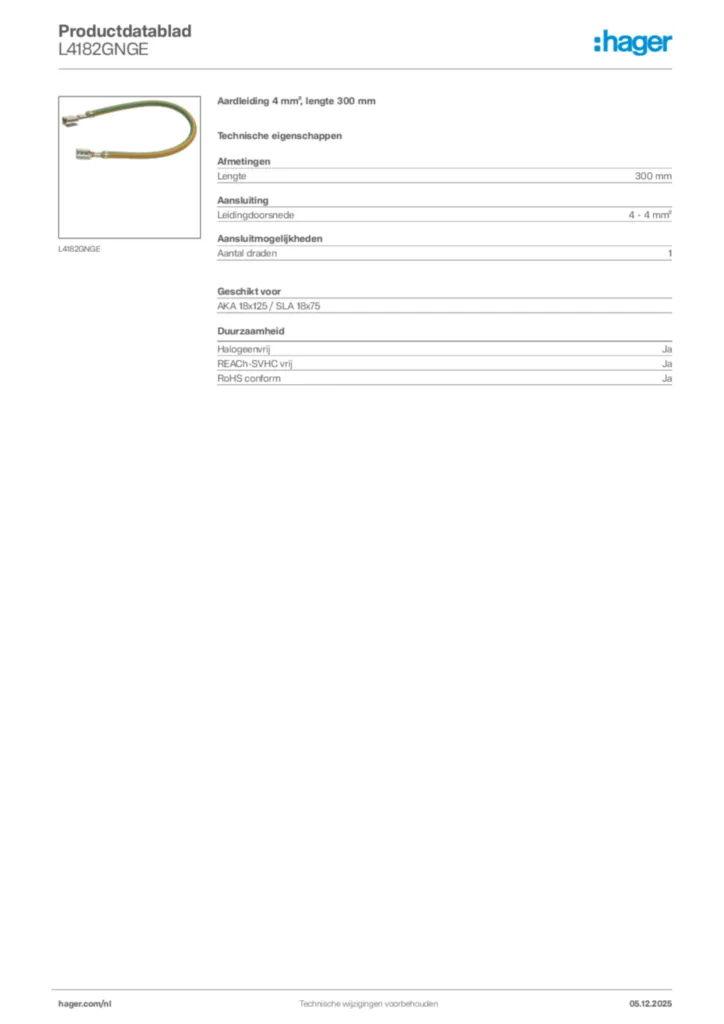 Afbeelding Hager Productdatablad L4182GNGE | Hager Nederland