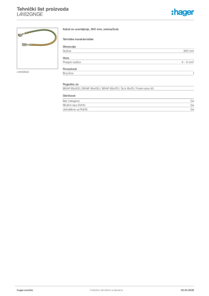 Slika Hager Tehnički list proizvoda L4182GNGE  | Hager