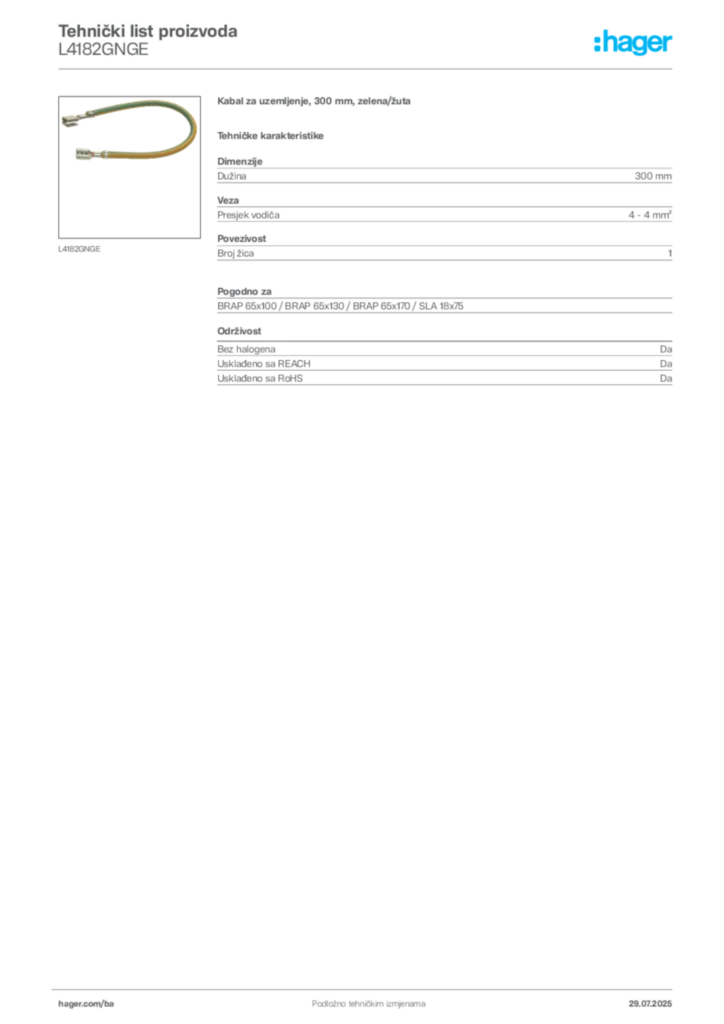 Slika Hager Product data sheet L4182GNGE  | Hager