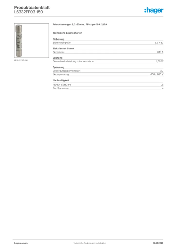 Bild Hager Produktdatenblatt L6332FF03-150 | Hager Deutschland