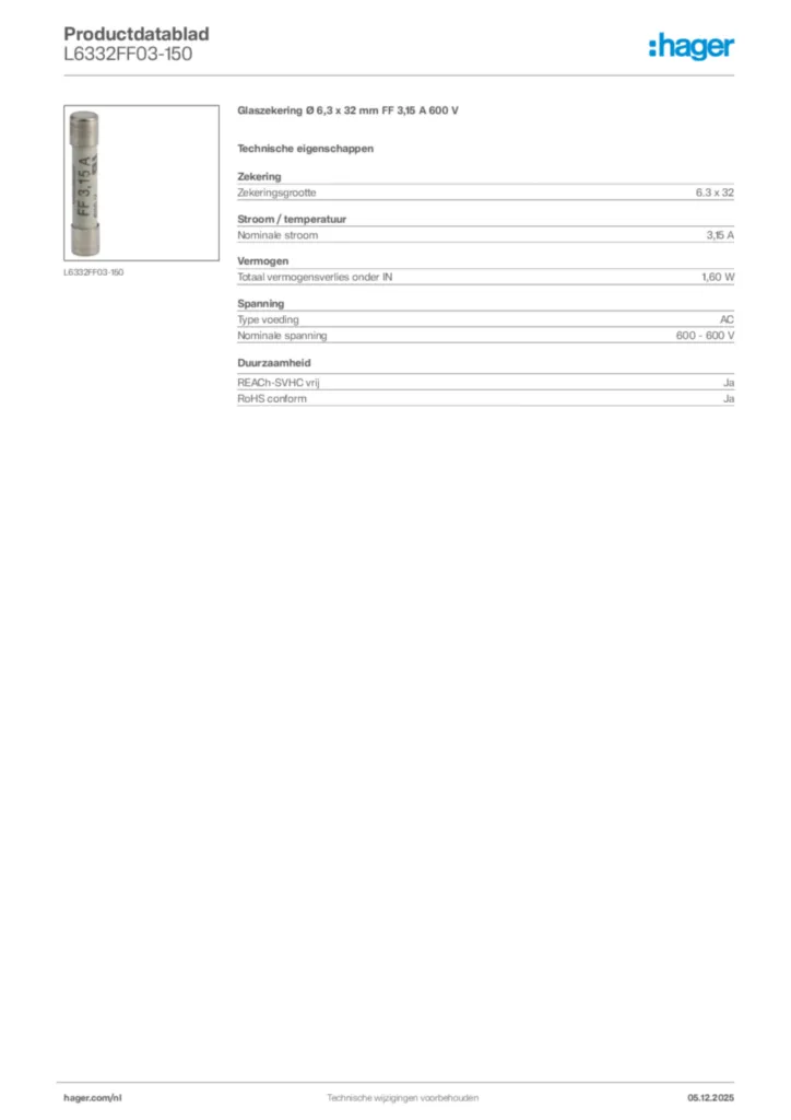 Afbeelding Hager Productdatablad L6332FF03-150 | Hager Nederland