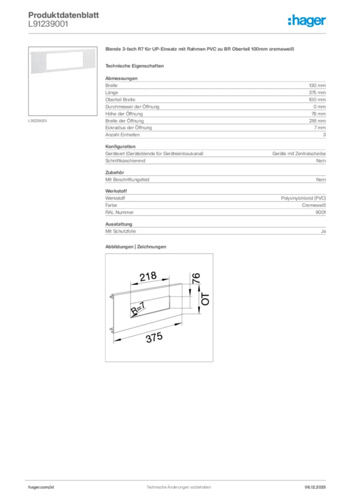 Bild Hager Produktdatenblatt L91239001 | Hager Deutschland