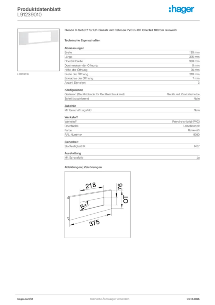 Bild Hager Produktdatenblatt L91239010 | Hager Deutschland