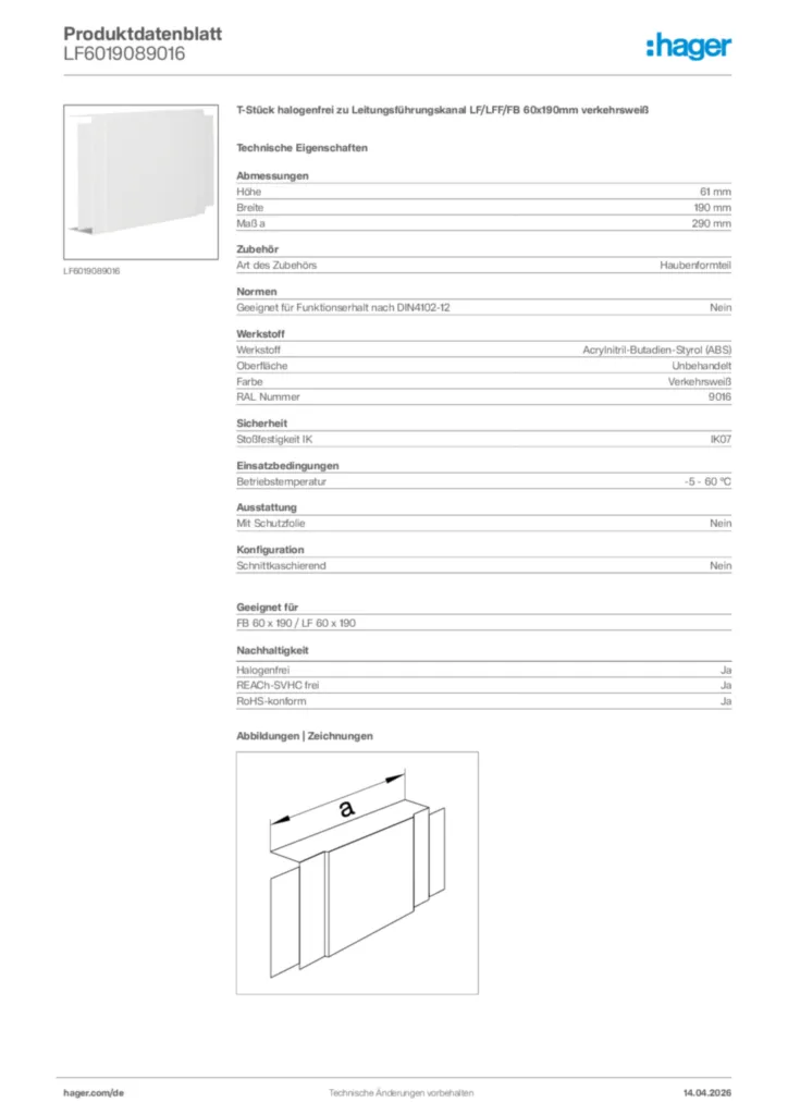 Bild Hager Produktdatenblatt LF6019089016 | Hager Deutschland