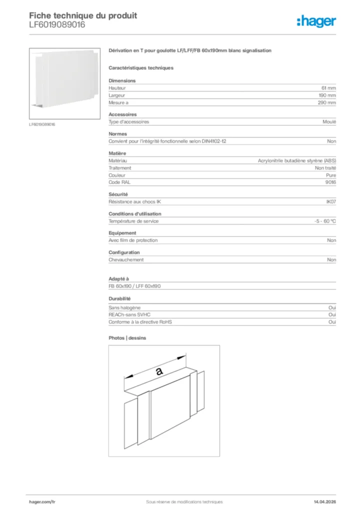 Image Hager Fiche technique du produit LF6019089016 | Hager France