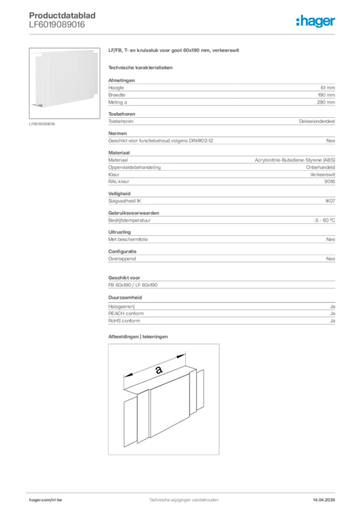 Afbeelding Hager Productdatablad LF6019089016 | Hager Belgium