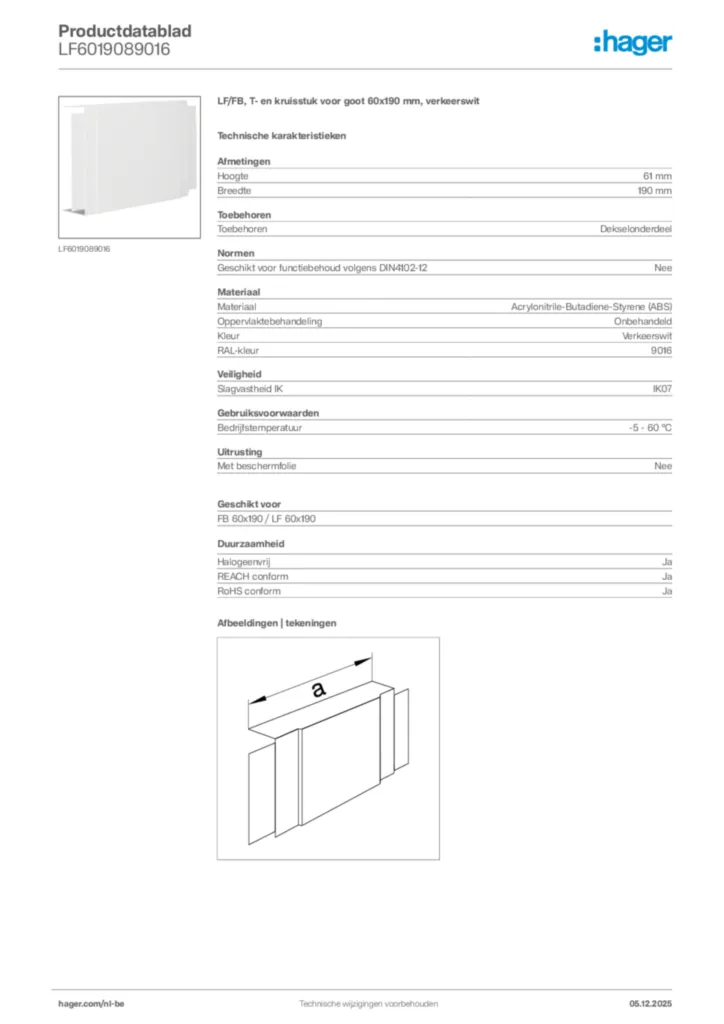 Afbeelding Hager Productdatablad LF6019089016 | Hager Belgium