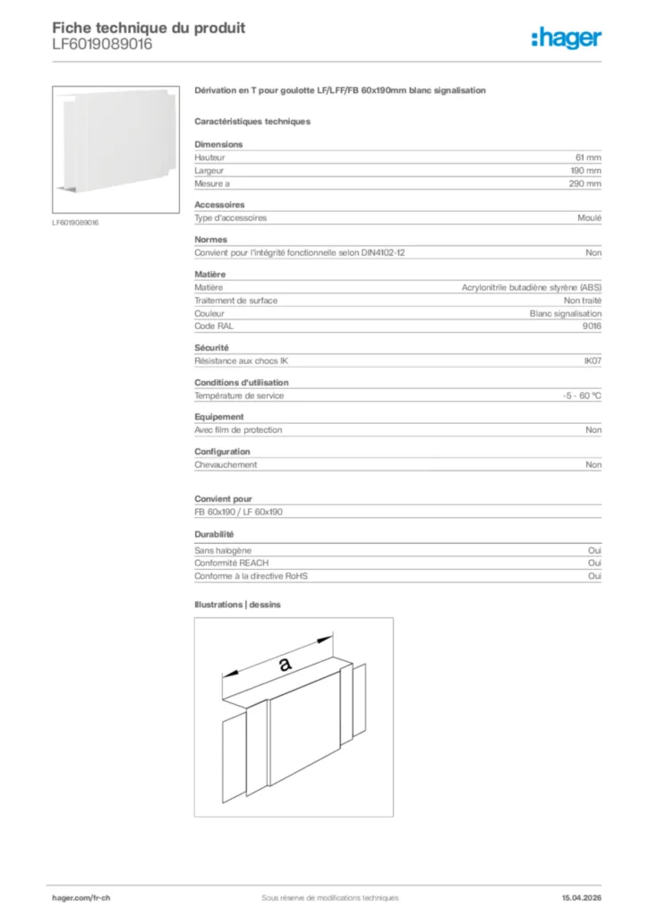 Image Hager Fiche technique du produit LF6019089016 | Hager Suisse