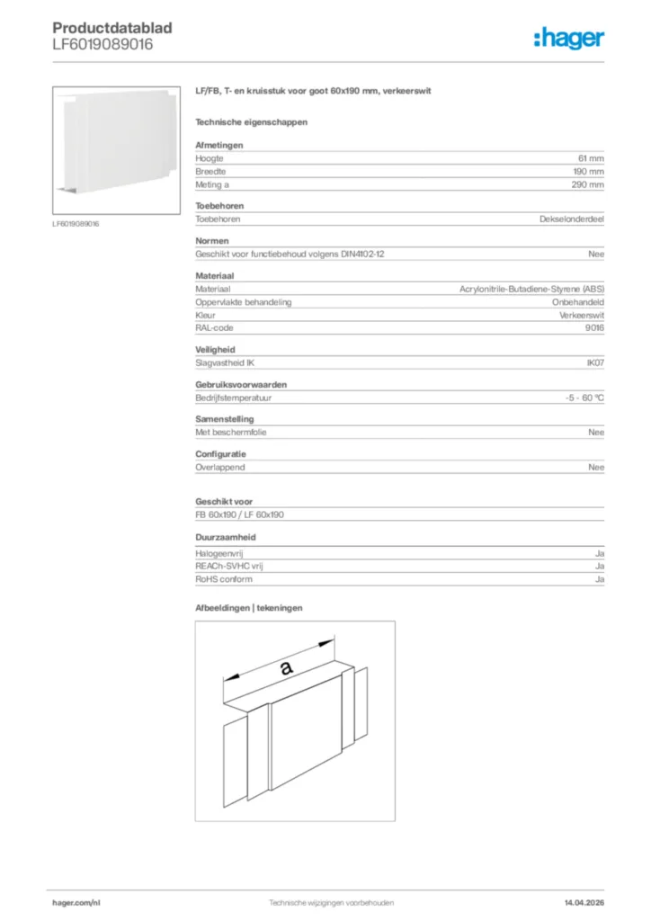 Afbeelding Hager Productdatablad LF6019089016 | Hager Nederland
