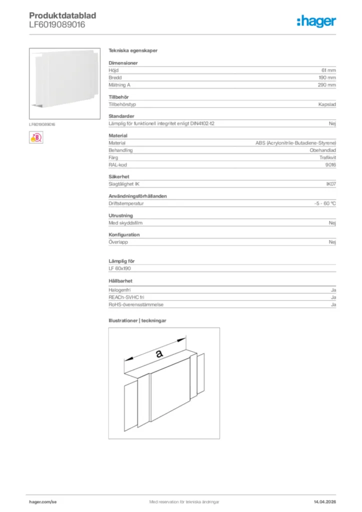 Bild Hager Produktdatablad LF6019089016 | Hager Sverige